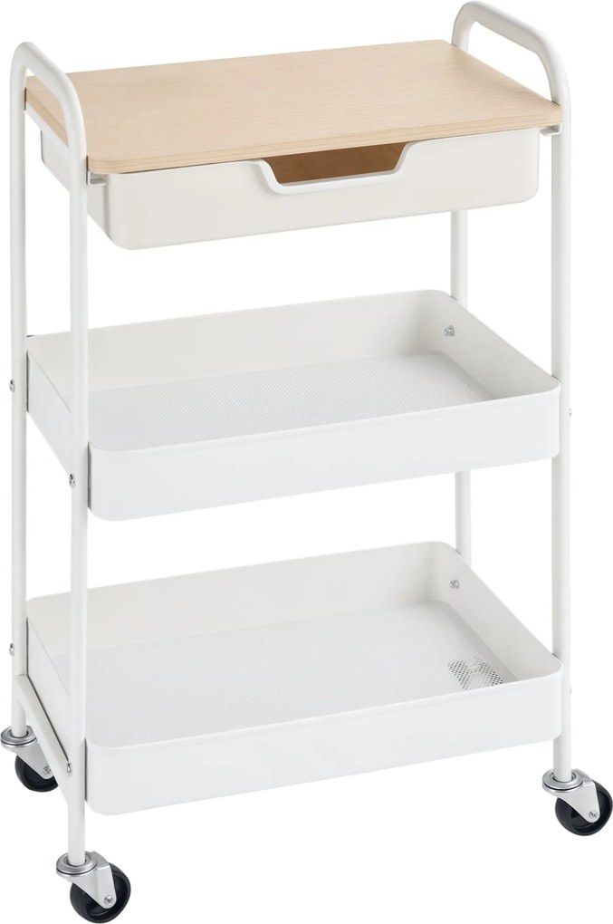 HOMCOM Kuchynský vozík s kolieskami, úložný vozík s vyberateľnou zásuvkou, 2 košíkmi a brzdami 43,9x30,5x75,6 cm Biela | Aosom