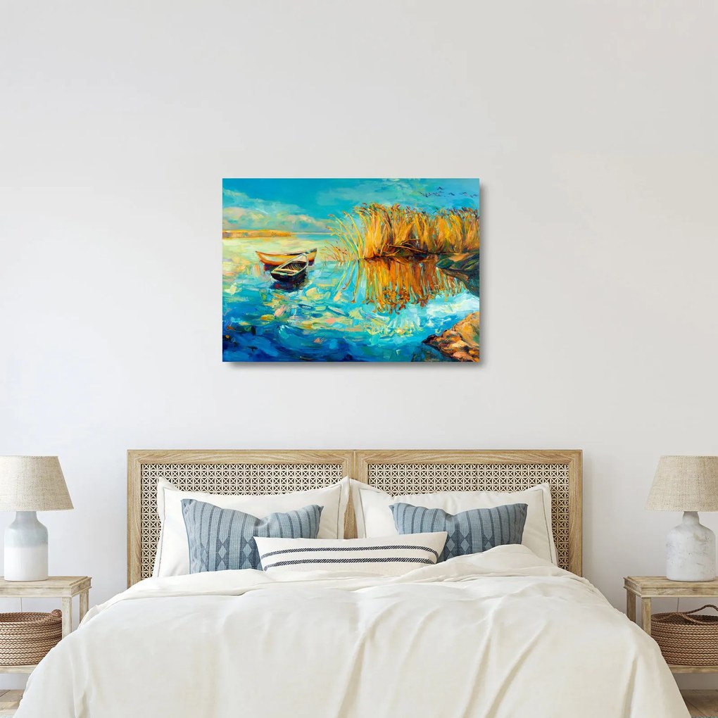 Sklenený obraz - Jazero s loďkami (70x50 cm)