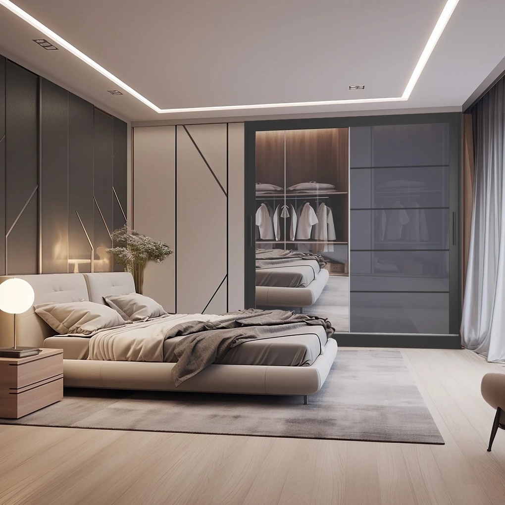 Šatníková skriňa 200 cm Belini čierny maý / šedý lesk s posuvnými dverami zrkadlom a zásuvkami  MGB SZP5/1/B/1L5S/KLP