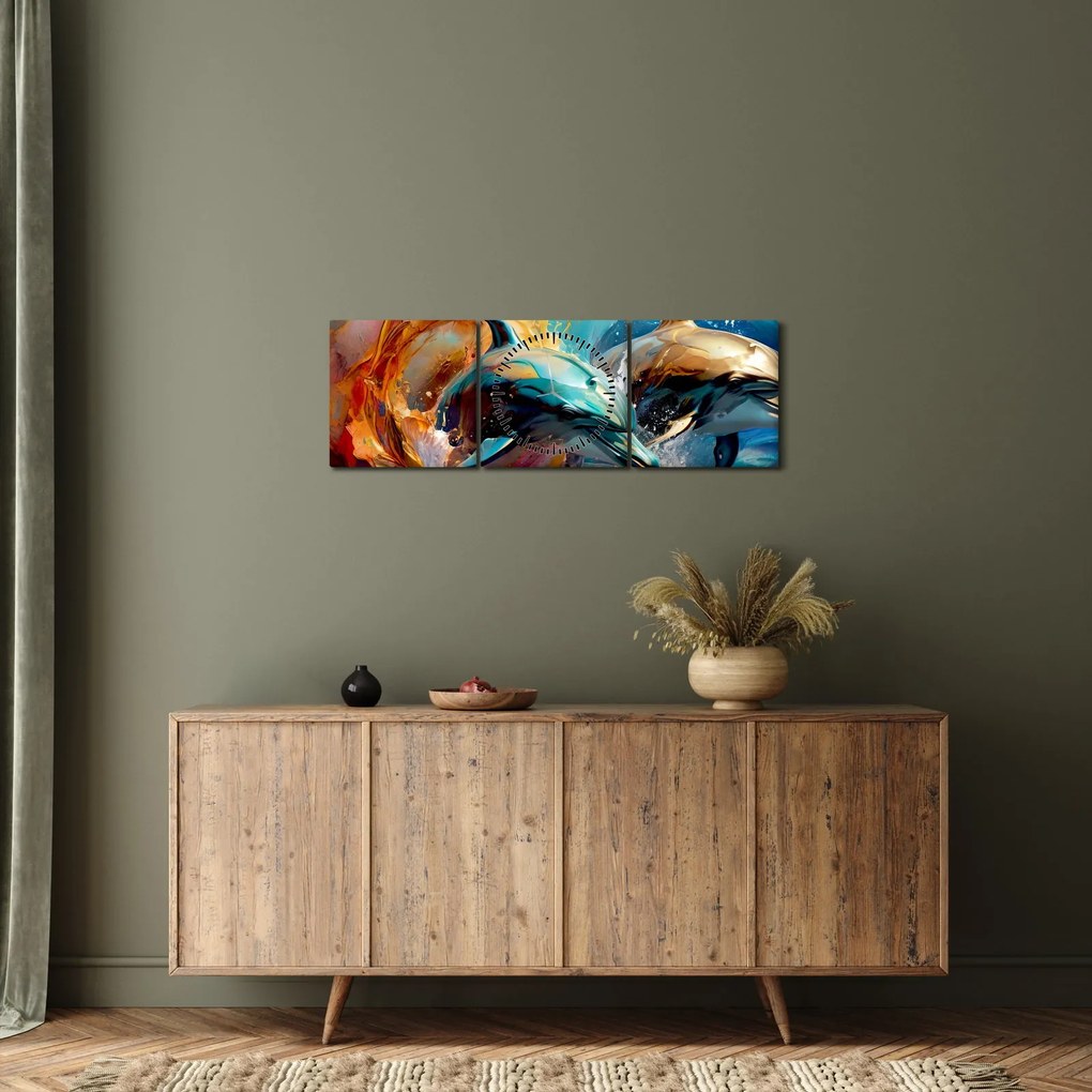 Obraz - Maľba delfínov (s hodinami) (90x30 cm)