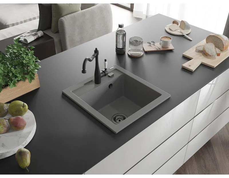 Mexen Vito, granitový drez 490x520x210 mm, 1-komorový a drezová batéria Carla, šedá, 6503-71-670700-70-B