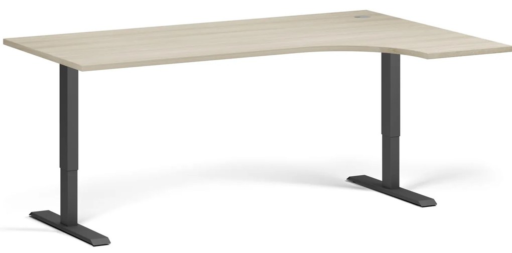 Rohový výškovo nastaviteľný stôl, 180x120 cm, 1 motor, L/P, čierna podnož, dub prírodný