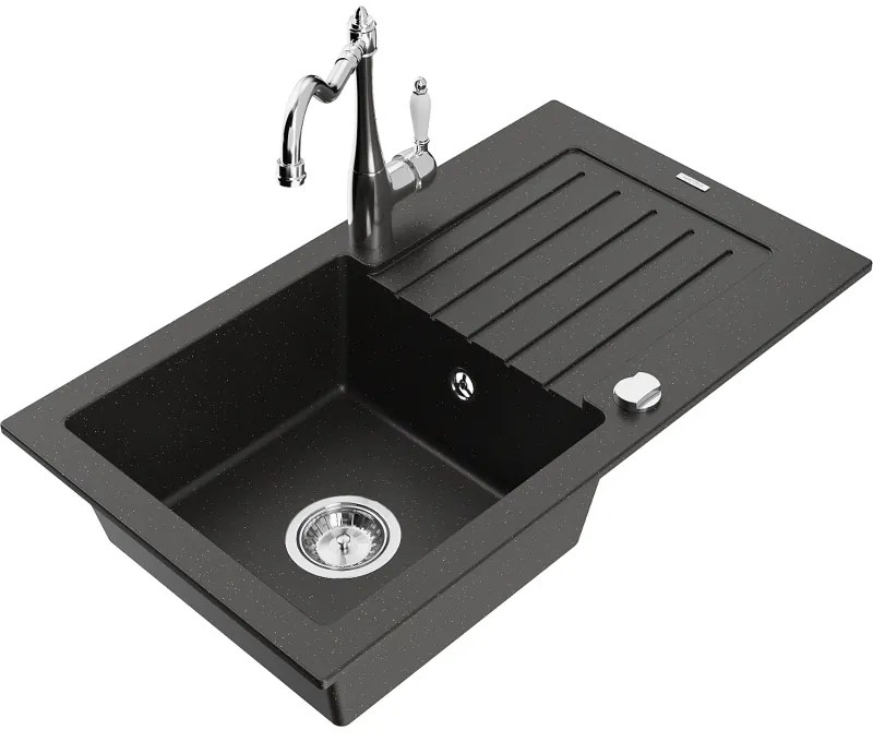 Mexen Pablo, granitový drez 752x436x161 mm, 1-komorový a drezová batéria Carla, čierna-zlatá metalíza, 6510-75-670700-00