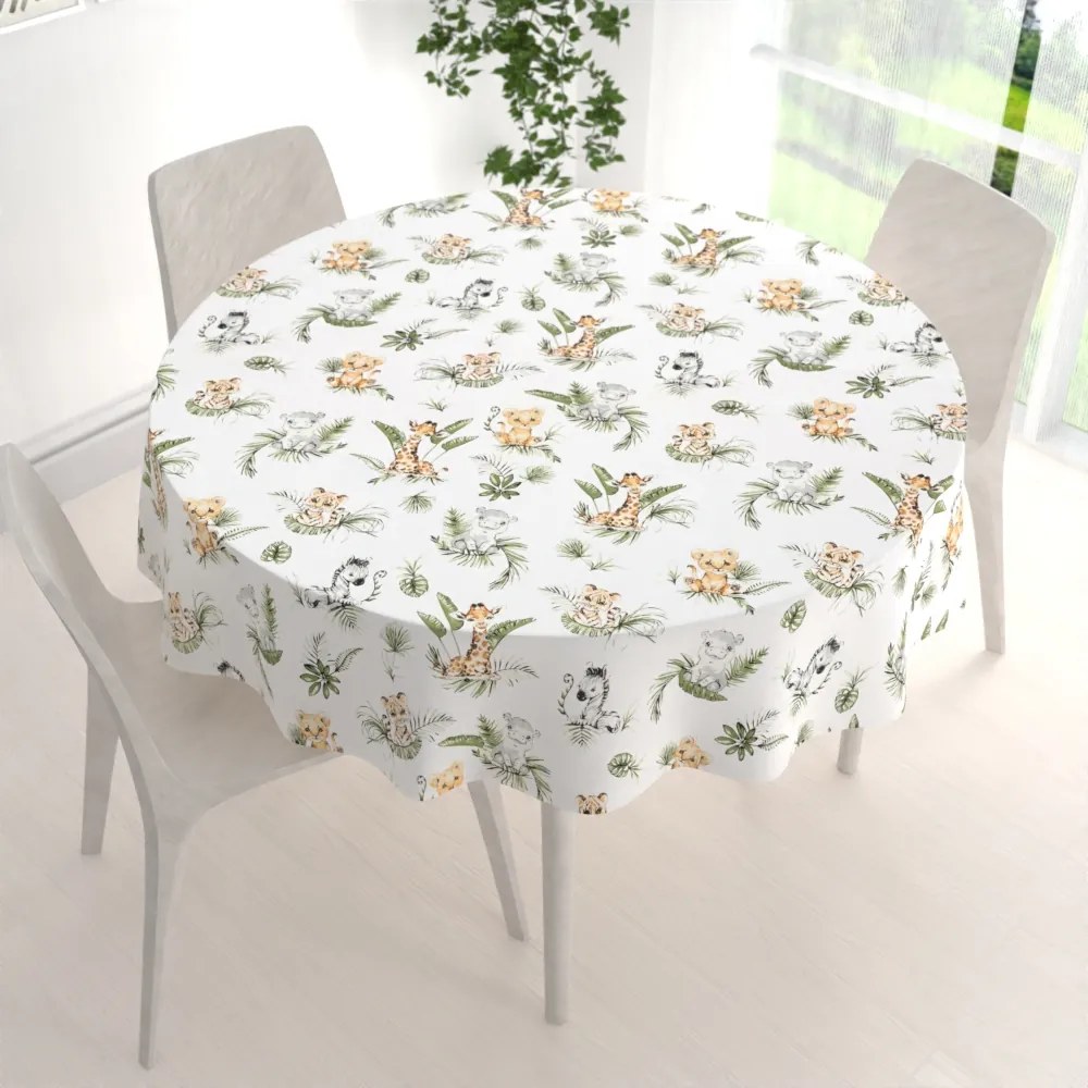 Biante Detský bavlnený okrúhly obrus Sandra SA-475 Zvieratká v Safari na bielom Ø 70 cm