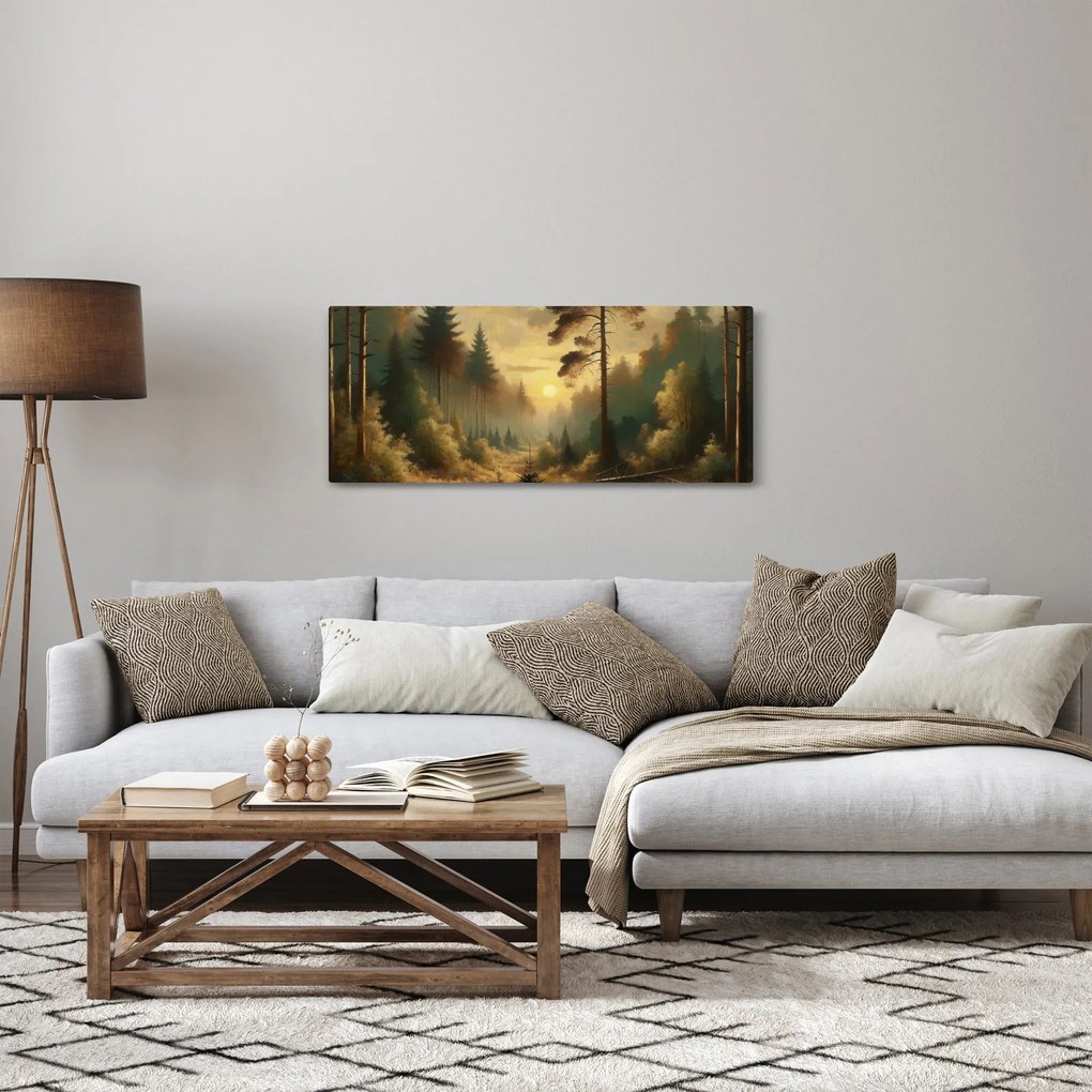 Obraz - Slnko žiariace lesom (120x50 cm)