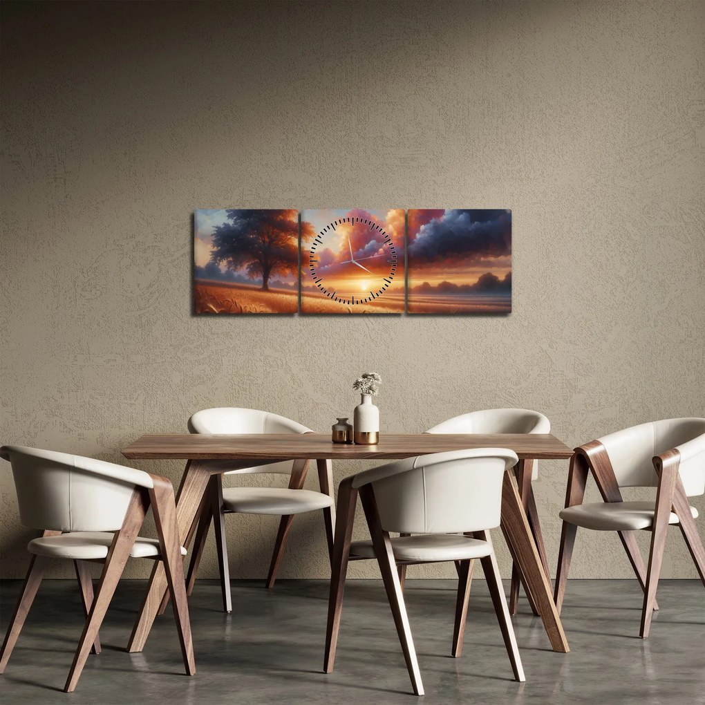 Obraz – Západ slnka na poli (s hodinami) (90x30 cm)