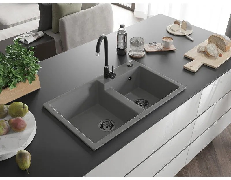 Mexen Tomas, granitový drez 800x500x190 mm, 2-komorový a čierna batéria Telma, šedá, 6516-71-670200-70-B