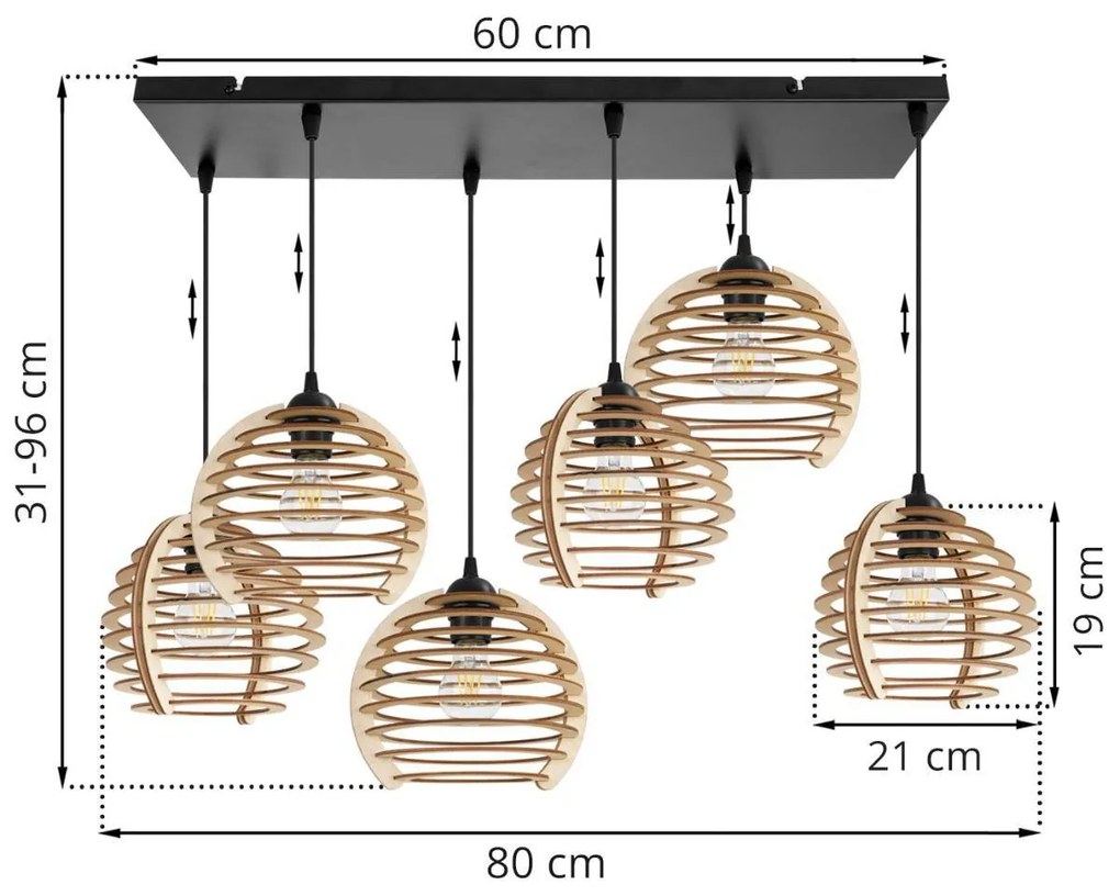 Závesné svietidlo Timber, 6x drevené tienidlo, n