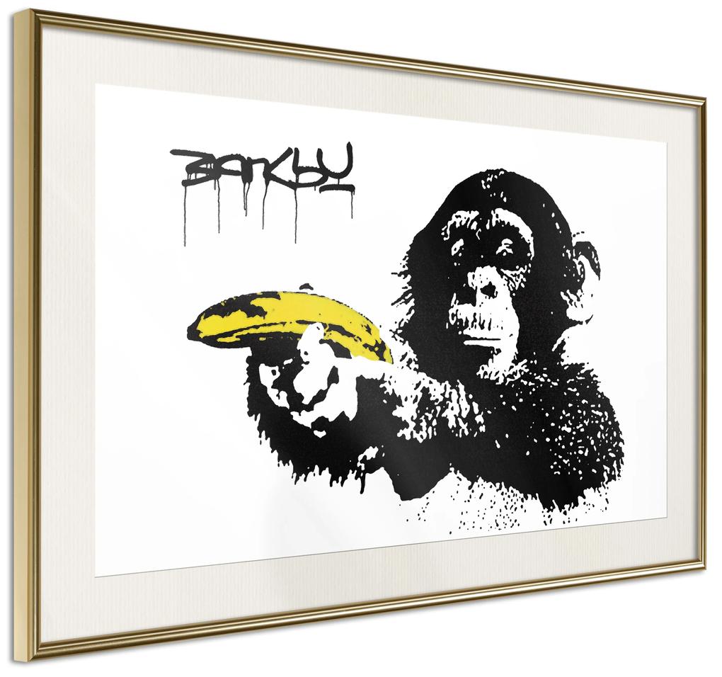 Artgeist Plagát - Banksy: Monkey with Banana [Poster] Veľkosť: 60x40, Verzia: Zlatý rám s passe-partout