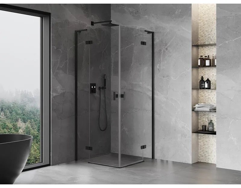 Mexen Mist-H L Duo, 2-krídlový sprchový kút 80 x 80 cm, číre sklo, čierny profil, 8A5L-080L-080P-70-00
