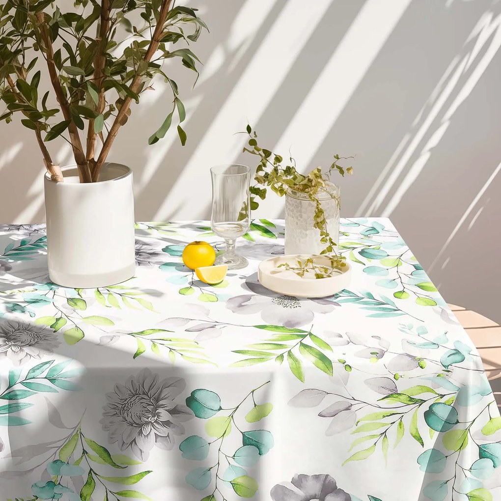 Goldea hranatý obrus 100% bavlnené plátno deluxe - eukalyptus s kvety 80 x 80 cm