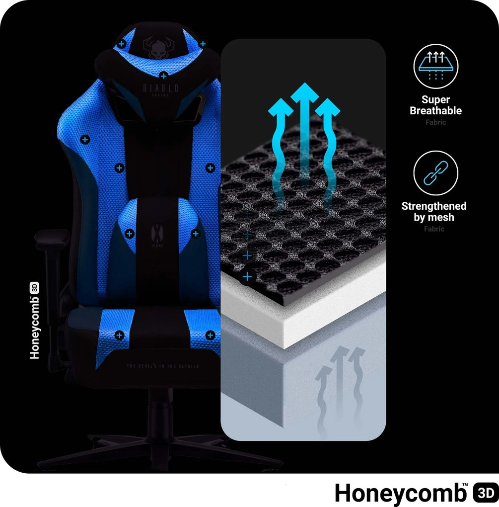 Herné kreslo s látkovým poťahom, veľkosť King Size, modrý-čierny: Diablo X-Player 2.0 Frost Black