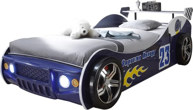 Detská pretekárska posteľ Energy 90x200 cm, modré auto s osvetlením