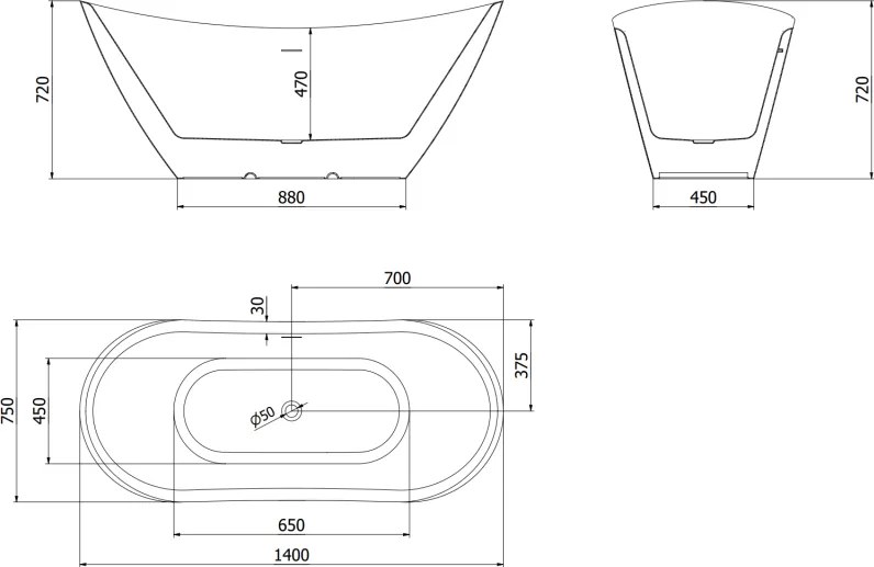 Mexen Lotos, voľne stojaca vaňa 140 x 75 cm, biela, chrómový prepad, 52051407700-01