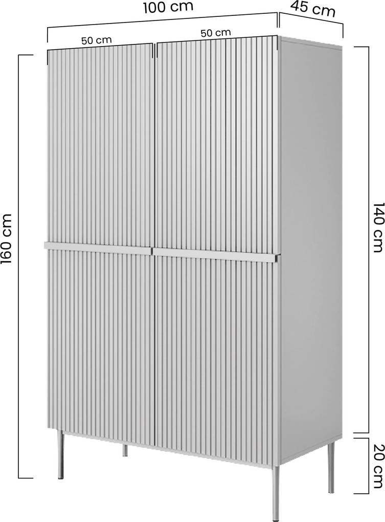 Vysoká komoda Nicole 100 cm s dvoma dverami a ryhovaným čelom - biely mat / zlaté nohy