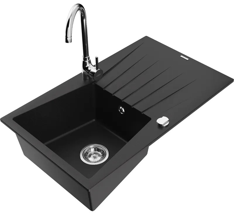 Mexen Cesar, 1-komorový granitový drez s odkvapkávačom 78x47 cm a kuchynskou batériou Telma, čierna, 6514-77-670200-00