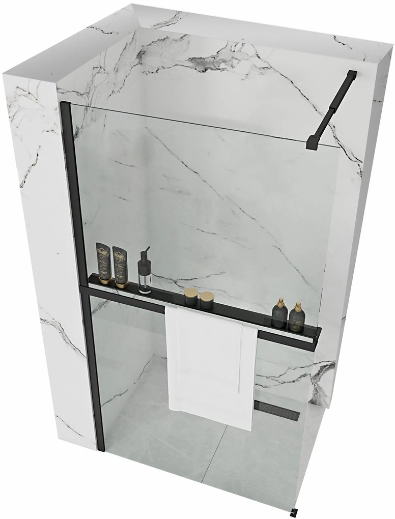 Rea Aero, sprchová zástena 120x195 cm, 8mm číre sklo, čierny profil + polica a vešiak EVO, KPL-K0599