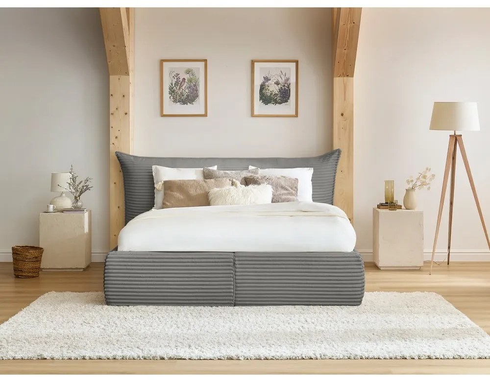 Sivá čalúnená dvojlôžková posteľ s úložným priestorom a roštom 180x200 cm Jade – Bobochic Paris