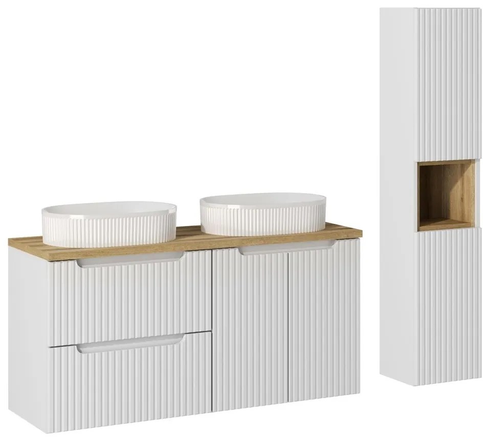 Kúpeľňová zostava Nova biela s doskou, umývadlami a skrinkami 120 cm biela/dub evokujúci