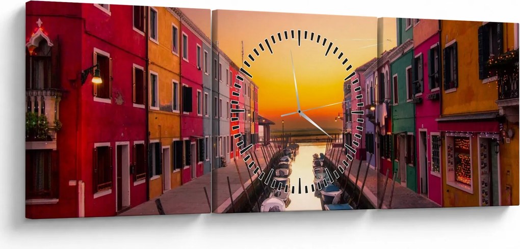 Obraz - Západ slnka, ostrov Burano, Benátky, Taliansko (s hodinami) (90x30 cm)