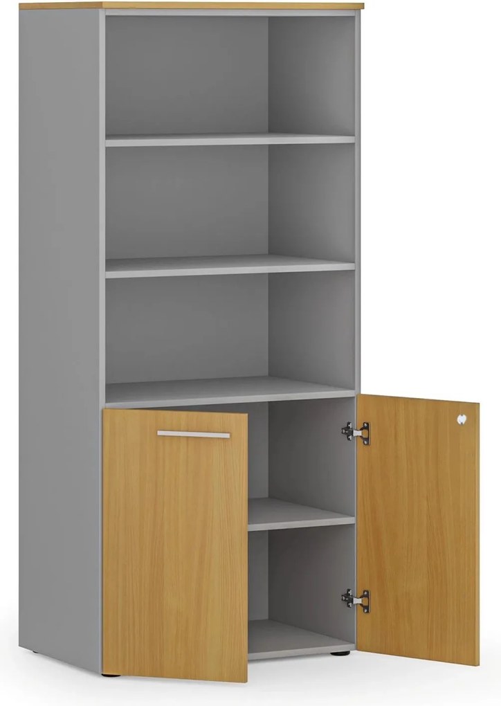 Kombinovaná kancelárska skriňa PRIMO GRAY, nízke dvere, 800 x 500 x 1781 mm, sivá/buk