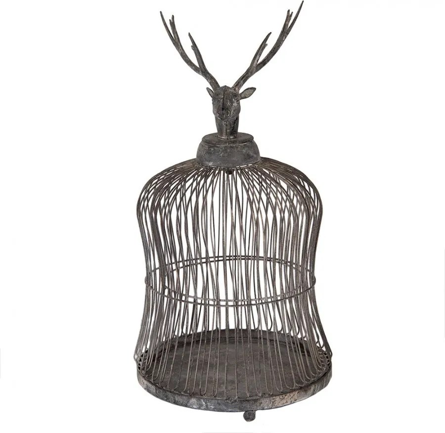Šedá antik kovová dekorácia vtáčia klietka jeleň Deer - Ø 26*50 cm