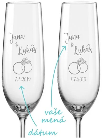 Svadobné poháre na sekt Prstienky s kvetmi, 2 ks