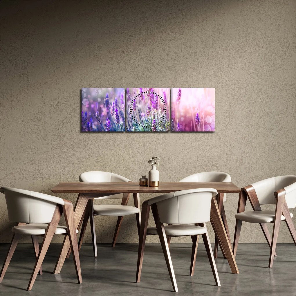 Obraz - Levanduľa vo trblietania slnka (s hodinami) (90x30 cm)