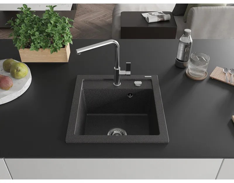 Mexen Vito, 1-komorový granitový drez 490x520x210 mm a drezová batéria Flora, čierna škvrnitá, 6503-76-670401-00