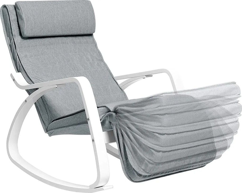 Hojdacie kreslo s bielym rámom a s nastaviteľnou opierkou na nohy v 5 polohách, šedé