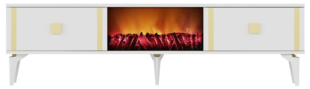 TV stolík/skrinka s krbom Tobuvu 2 (biela + zlatá) . Akcia -18%. Vlastná spoľahlivá doprava až k Vám domov. 1095521