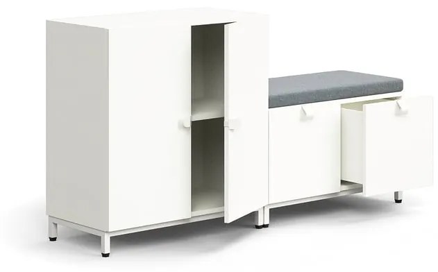 Úložná skriňa QBUS,skrinka + lavica, na nožičkách, 868x1600x420 mm, biela, šedá poduška