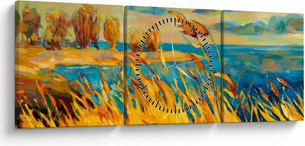 Obraz - Západajúce slnko nad jazerom, akrylová maľba (s hodinami) (90x30 cm)