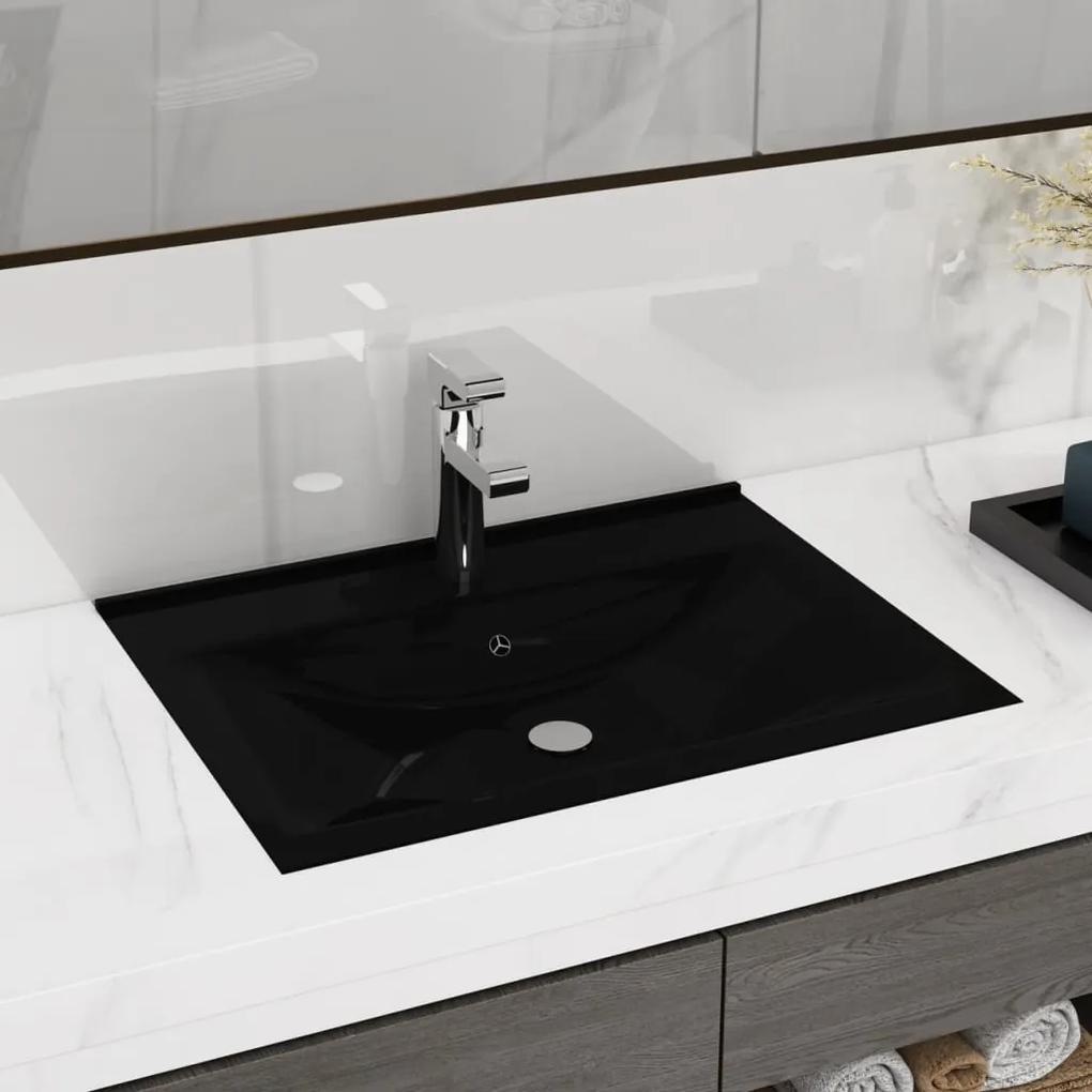 vidaXL Luxusné obdĺžnikové keramické umývadlo, čierne s otvorom na batériu  60 x 46 cm | BIANO
