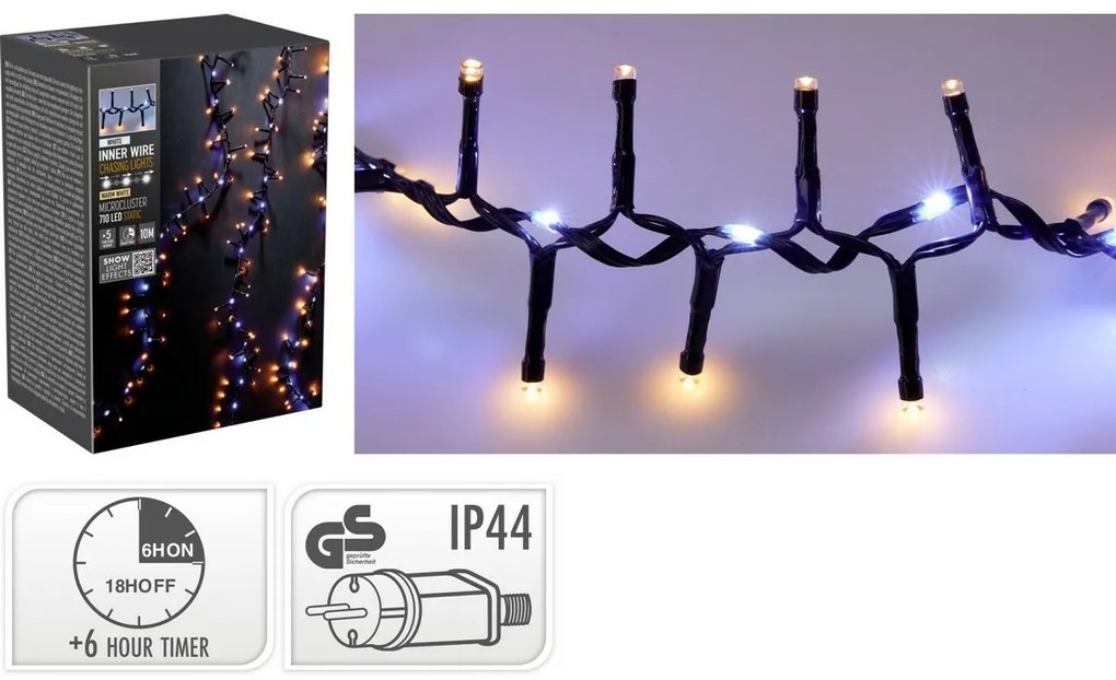 Vonkajšia svetelná reťaz Waterfall, 10 m, 710 LED, teplá aj studená biela, časovač, IP44, 10 m