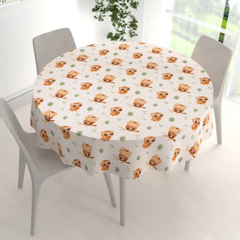 Biante Detský bavlnený okrúhly obrus Sandra SA-616 Sovičky na vetvičkách na bielom Ø 120 cm