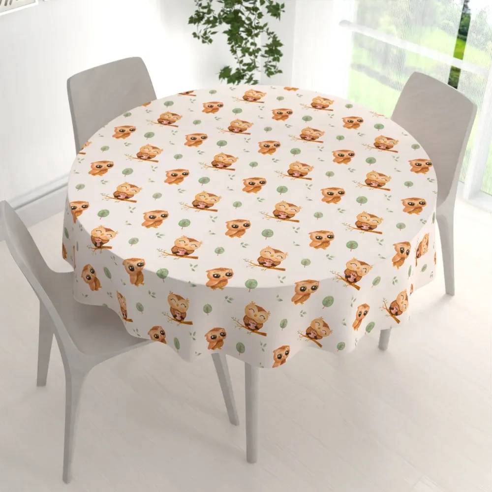Biante Detský bavlnený okrúhly obrus Sandra SA-616 Sovičky na vetvičkách na bielom Ø 90 cm