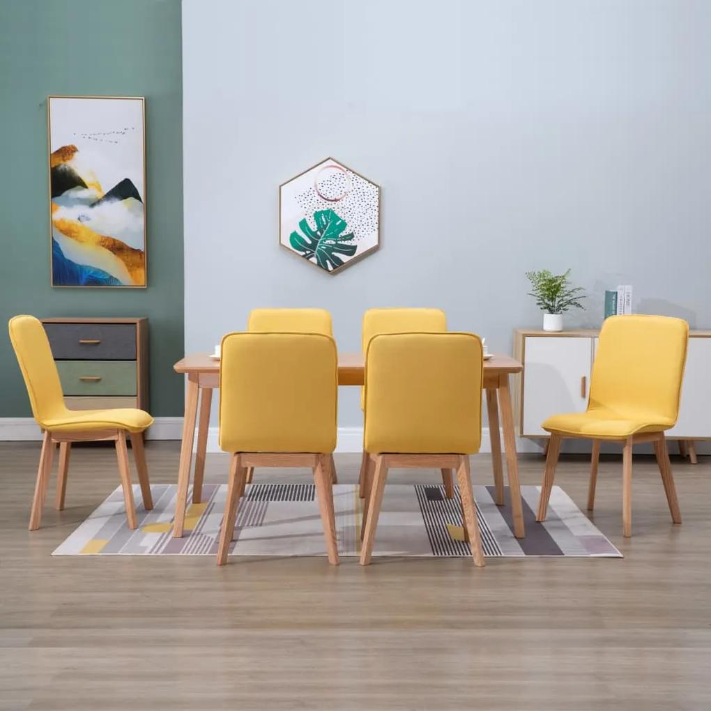 vidaXL Jedálenské stoličky 6 ks, žlté, látka a dubový masív