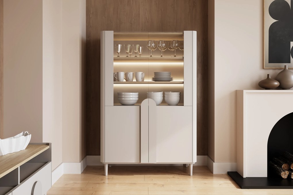 Vitrína Amilio 100 cm dvojdverová na nožičkách - kašmír / olejovaný dub / úchyty kašmír