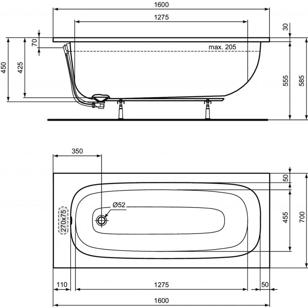 Ideal Standard i.life - Obdĺžniková vaňa 1600x700 mm, s prepadom, biela T475801