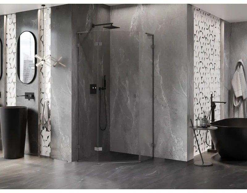 Mexen Lunar, L päťuholníkový sprchový kút naklápací doľava 80x80 cm, 8mm číre sklo, profil grafit brúsený, 831L-080L-080P-66-00-L
