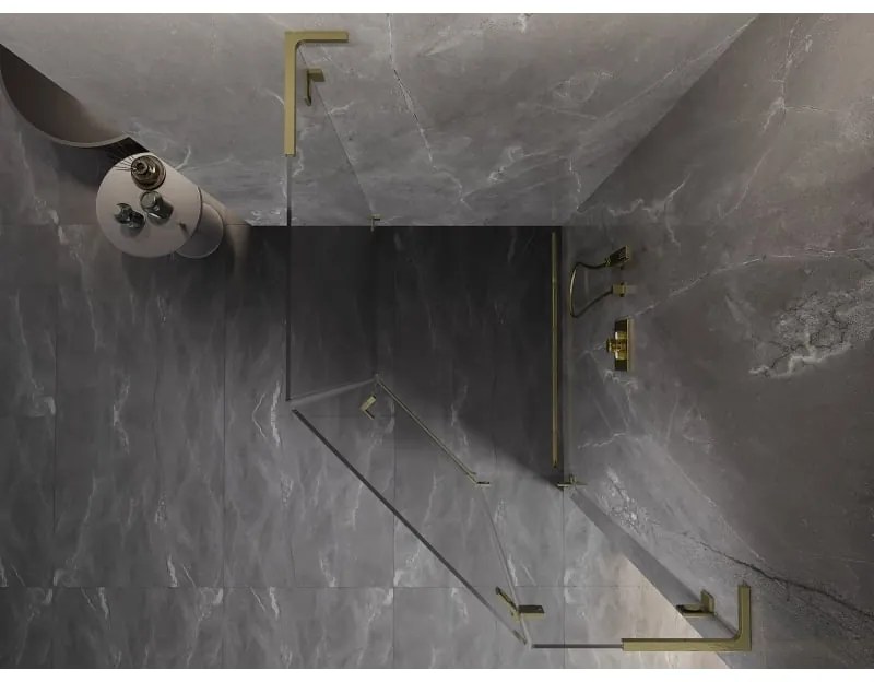 Mexen Lunar, L pravý výklopný päťuholníkový sprchový kút 80 x 90 cm, 8mm číre sklo, zlatý matný profil, 831L-080P-090L-55-00-P