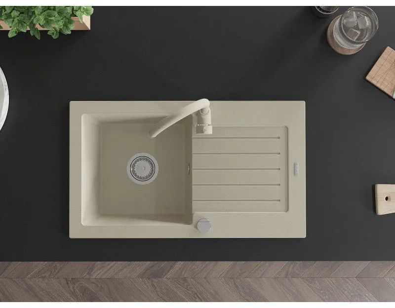 Mexen Pablo, 1-komorový granitový drez s odkvapkávačom 75x44 cm a kuchynskou batériou Telma, béžová, 6510-69-670200-69