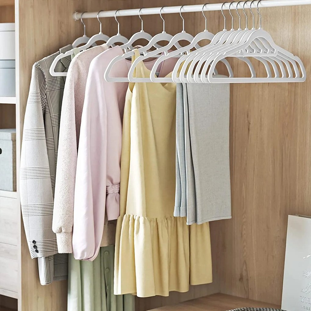 Protišmykové zamatové vešiaky s miestom na kravatu 20 ks, biele