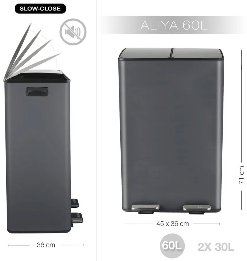 Tmavosivý oceľový odpadkový kôš 2x30 l na triedený odpad/nášľapný Aliya – Spirella