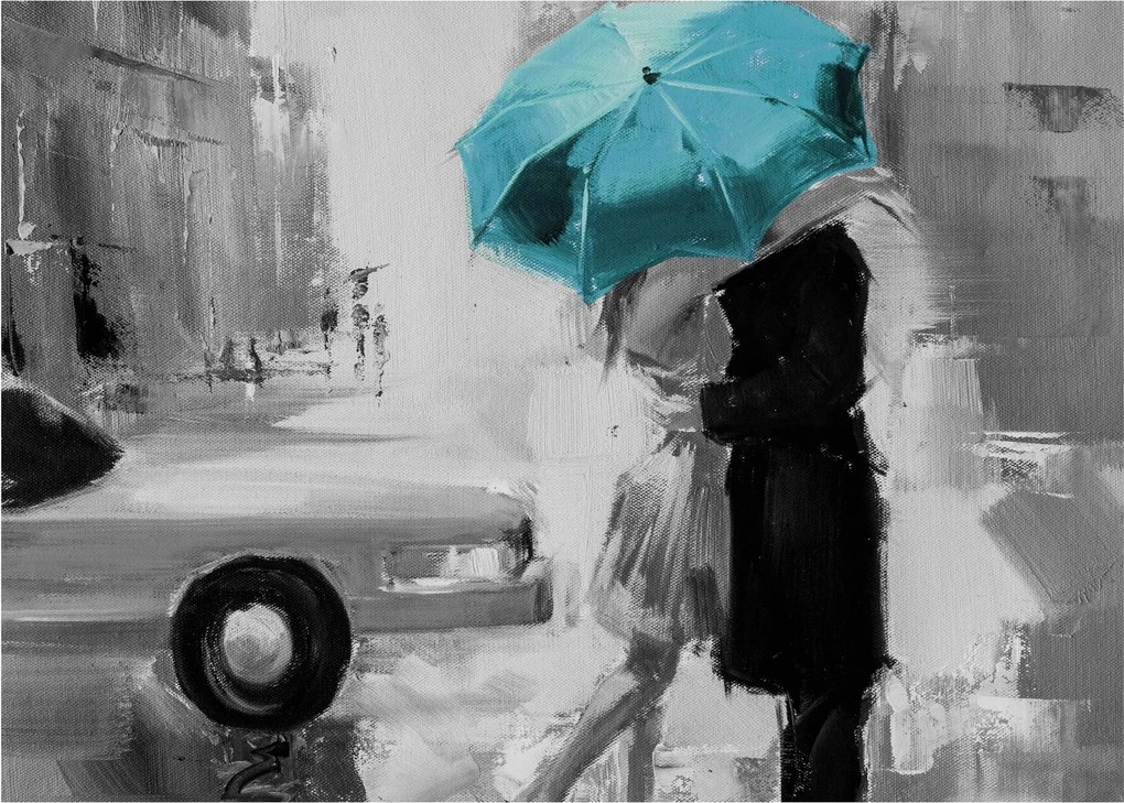 Sklenený obraz - Zamilovaný pár s dáždnikom, modrý (70x50 cm)