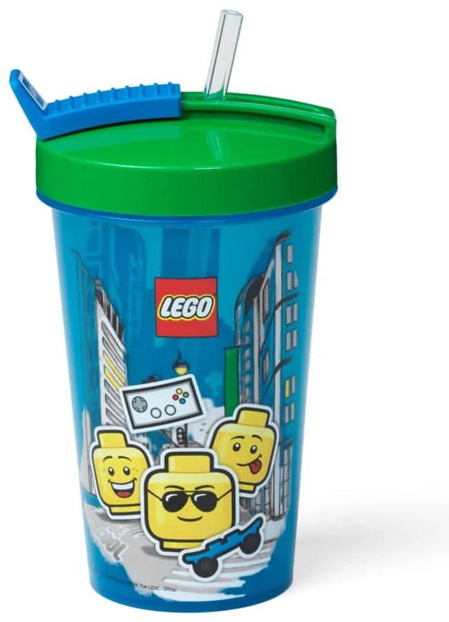Modrý téglik so zeleným vekom a slamkou LEGO® Iconic, 500 ml