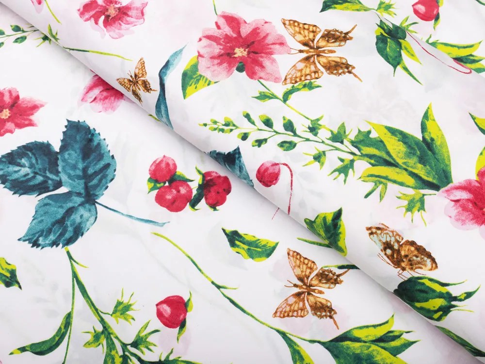 Biante Veľký bavlněný oválny obrus Sandra SA-383 Ružovočervené kvety s motýlikmi 180x260 cm