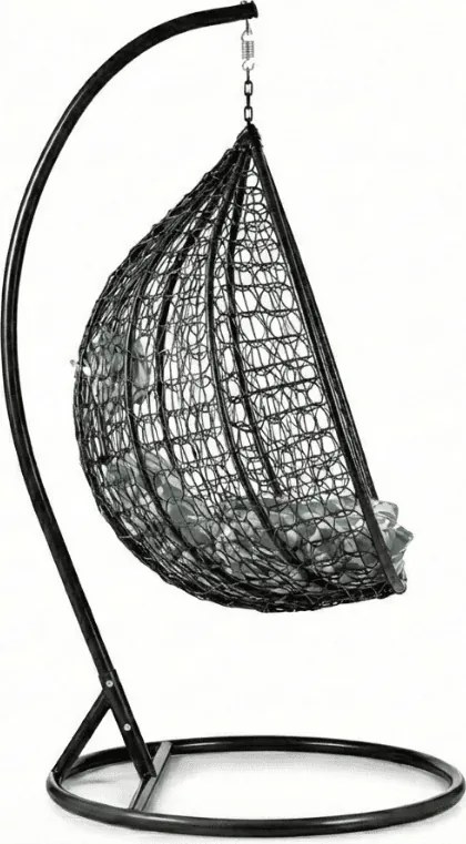 Čierne závesné kreslo KOKON so stojanom, zeleno-biely vankúš