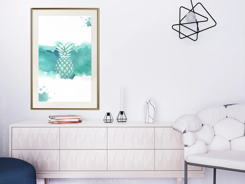 Artgeist Plagát - Pineapple in Watercolours [Poster] Veľkosť: 30x45, Verzia: Čierny rám s passe-partout